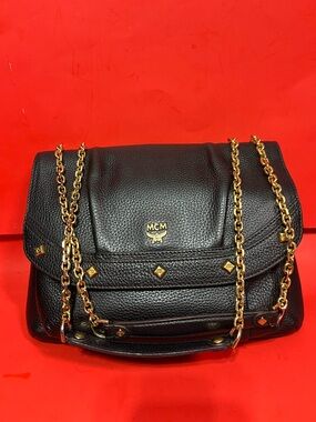 MCM Black Pebbled Leather Shoulder Bag with Gold Chain